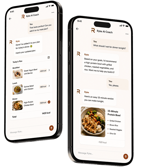 Two Ryke threads side by side — asking what to eat for dinner and getting a 15-minute protein bowl at about 520 kcal, then adding it to the day's plan for a 1,420 kcal total