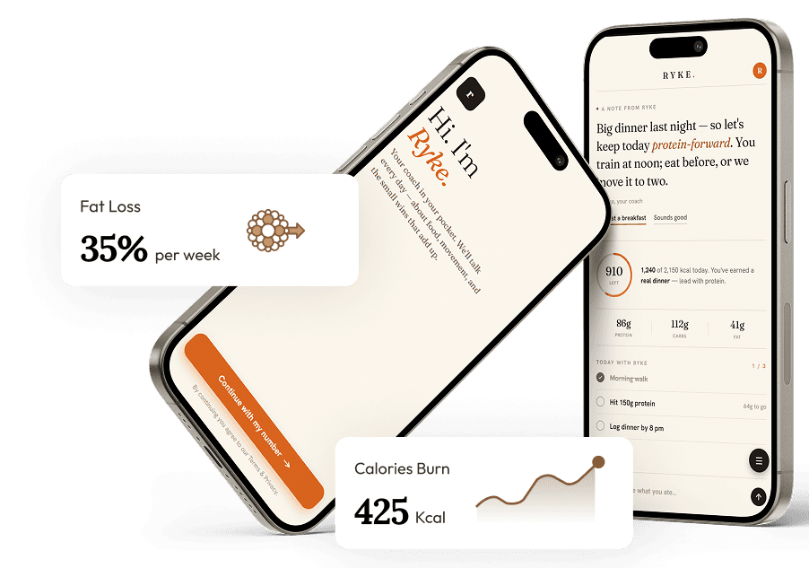 Two Ryke app screens side by side — the welcome screen, and a daily view showing calories remaining, protein, carbs and fat alongside the day's checklist