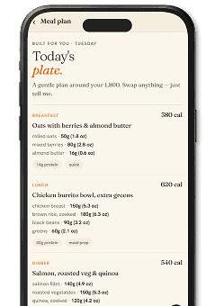 Ryke app meal-plan screen listing a day's breakfast, lunch and dinner with per-meal calories against a 1,800 calorie target
