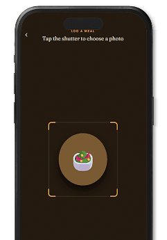 Ryke app camera screen framing a meal, prompting Tap the shutter to choose a photo