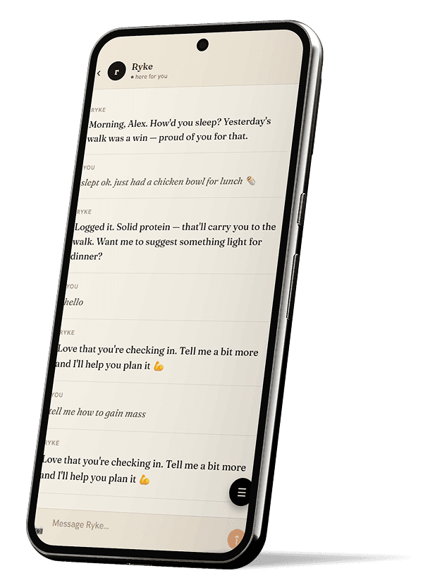 A phone showing a Ryke text thread: a morning check-in, a chicken bowl logged from a message, and a follow-up offering a lighter dinner
