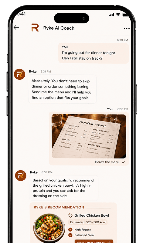 A Ryke thread where a member says they're going out for dinner, sends a photo of the menu, and Ryke recommends the grilled chicken bowl at an estimated 520-580 kcal