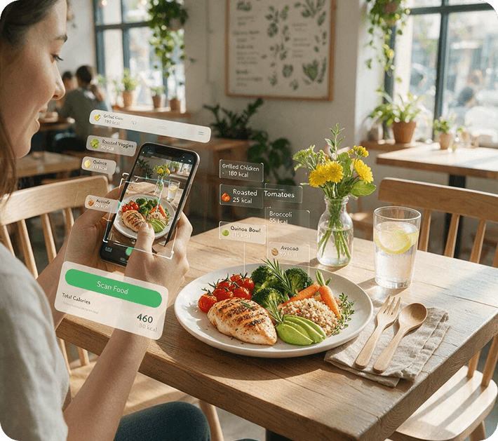 Someone photographing a plate of grilled chicken, quinoa and vegetables at a cafe table, with the individual foods and their calories called out over the photo