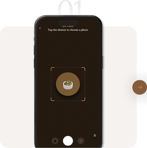 Step 1 — the Ryke app camera screen framing a meal, prompting Tap the shutter to choose a photo