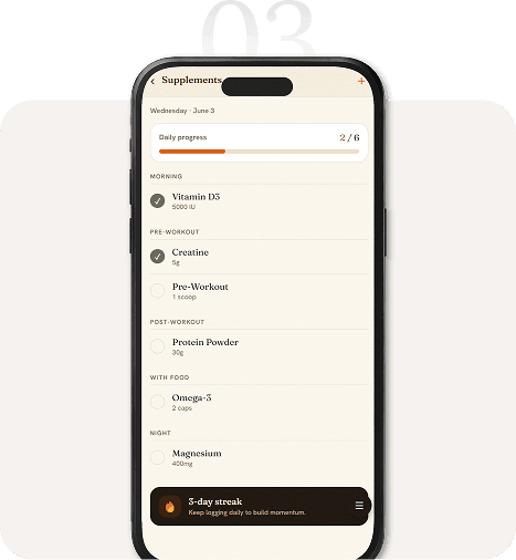 Step 3 — the Ryke app supplements screen, showing the day's stack checked off item by item against a daily progress bar